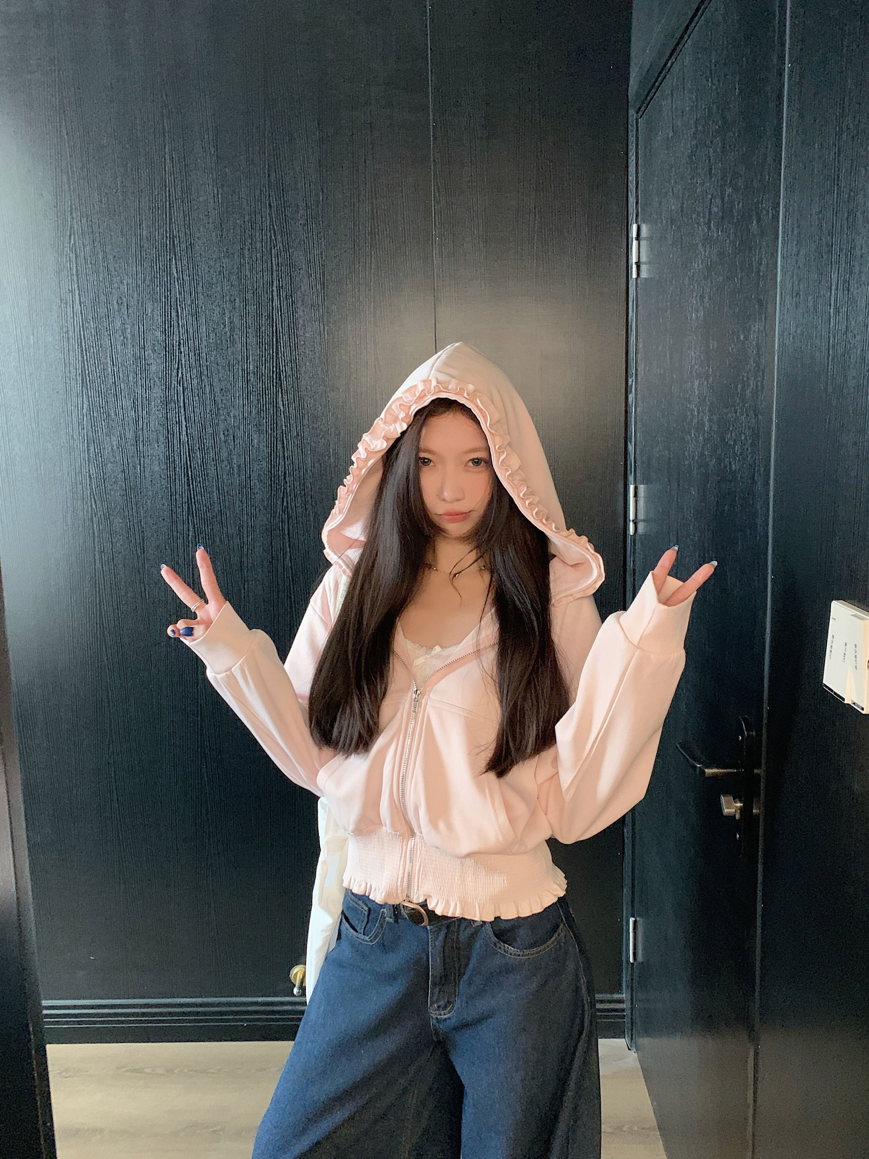 한 부서 핑크색 지퍼 후드 티 스웨터 여성 코트 외부 가져 가라. 오픈 가디건 프릴 긴팔 맨위