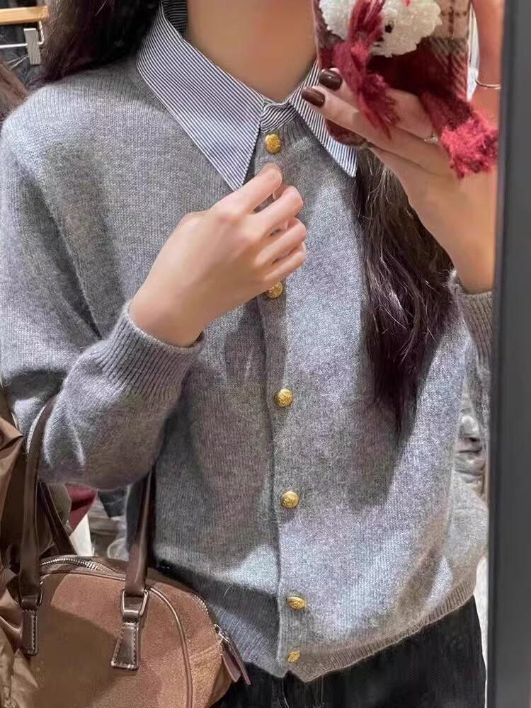 회색 셔츠 칼라 패치워크 페이크 레이어드 스웨터 여자 봄 가을 작은 키 몸매 가꾸기 인사이드 가져 가라. 니트 오픈 가디건 폴로 칼라 맨위
