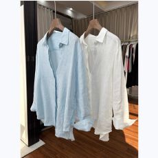 批发浅蓝色亚麻长袖防晒衬衫女夏薄款休闲宽松百搭老钱风棉麻白色衬衣