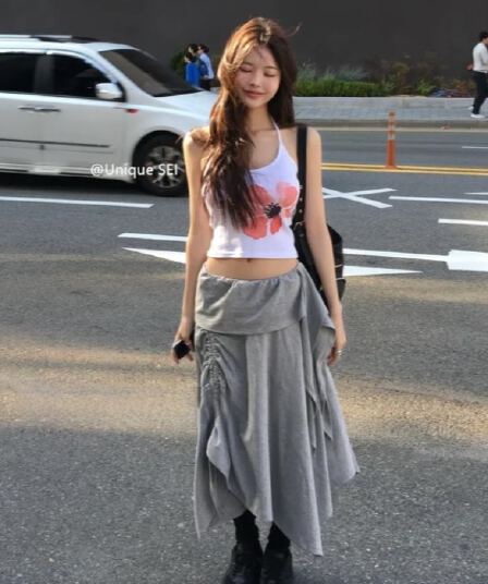 레트로 꽃 프린트 슬립 맨위 슬림해 보이는 다용도 펌프 Pleat 반신 스커트