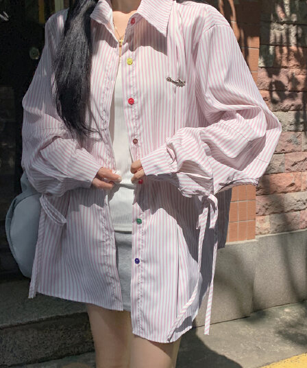 작은 대중 Chic 레이스업 색상 단추 스트라이프 여성 셔츠 새로운 긴팔 오픈 가디건 맨위