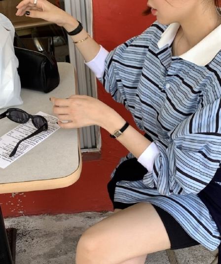 이른 가을 POLO 칼라 스트라이프 느긋한 루즈핏 긴팔 티셔츠