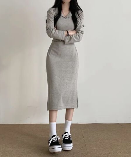 이른 가을 다용도 POLO 칼라 롱 코트 허리 수축 드레스