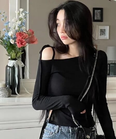 한국 스타일 레이스업 오프숄더 섹시함 긴팔 맨위