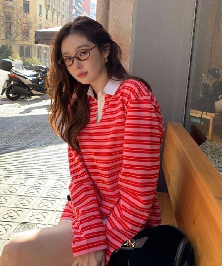가을 새로운 POLO 칼라 작은 대중 스트라이프 캐주얼 긴팔 티셔츠