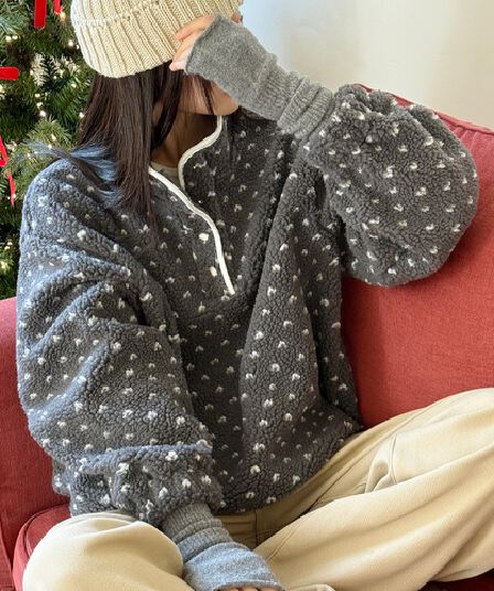 양털 느긋한 바람 하트 자카드 보온 플리스 후드티 여성