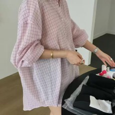 批发春夏翻领<b class='q'>甜美</b>薄款宽松女士格纹长袖连帽衬衫上衣