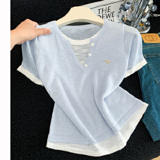 批发实拍 拼色<b class='q'>假两件</b><b class='q'>针织衫</b>女2026新夏薄款v领短袖小马刺绣针织上衣