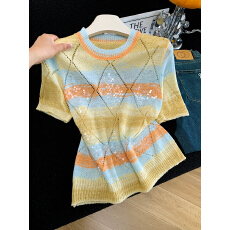 批发实拍2026夏季新款多巴胺条纹设计感菱格纹显瘦细闪短袖<b class='q'>针织衫</b>上衣