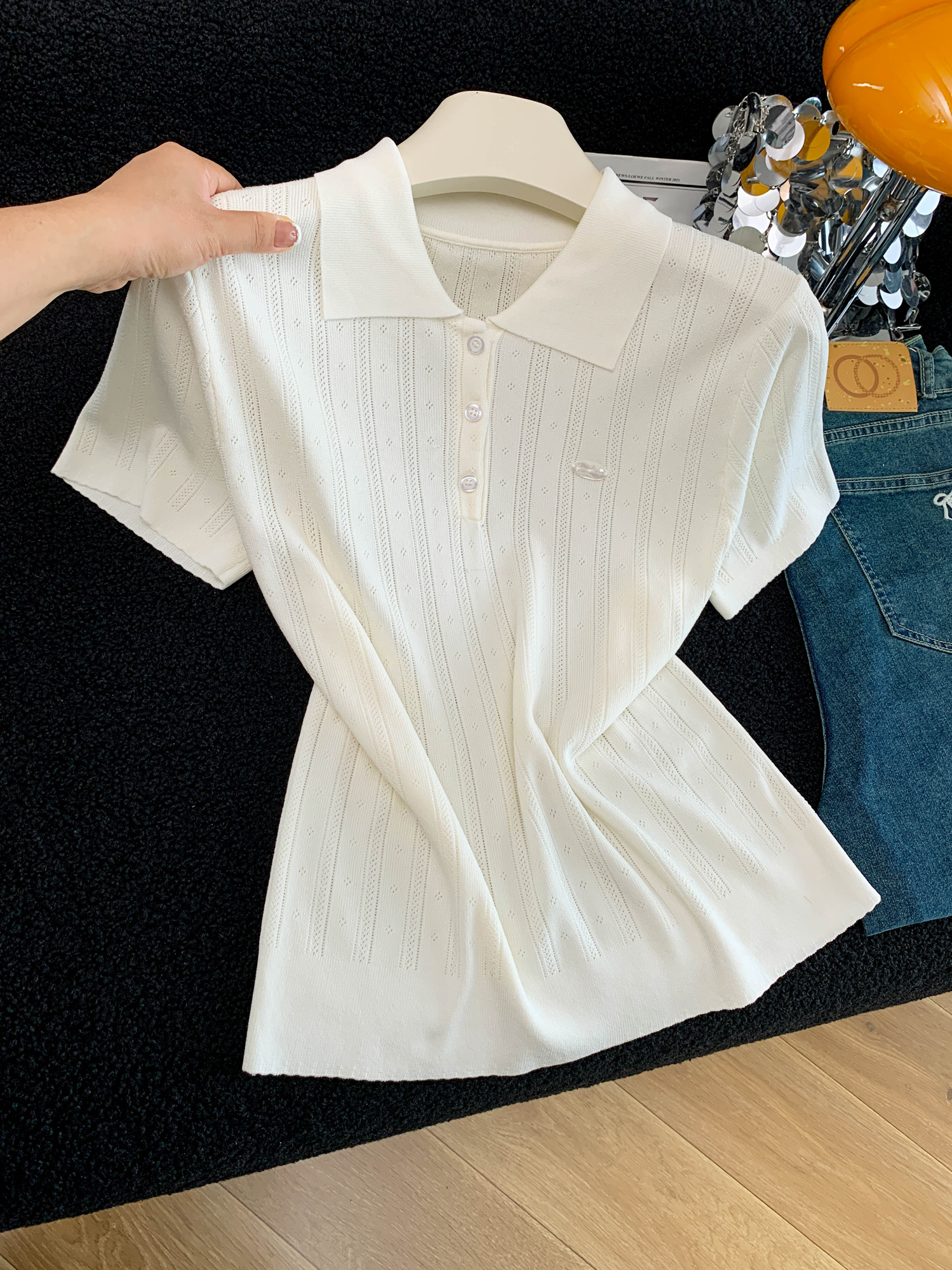 실사 POLO 칼라 얼음 실크 루즈핏 니트 반팔 티셔츠 여성 한 부서 chic Chic 니트 작은 셔츠 맨위