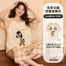 批发2026新款雪花棉带胸垫女士居家可外穿短袖七分裤简约舒适睡衣套装