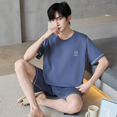 批发夏季纯棉<b class='q'>睡衣</b><b class='q'>男士</b>短袖短裤纯色简约圆领套头薄款透气家居服双裤兜