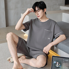 批发夏季纯棉<b class='q'>睡衣</b><b class='q'>男士</b>短袖短裤纯色简约圆领套头薄款透气家居服双裤兜