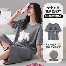 批发带胸垫女士睡衣夏季新款纯棉短袖七分裤甜美可外穿大码家居服套装