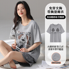 批发100%纯棉带胸垫睡衣女士夏季短袖少女休闲可外穿全棉家居服女套装