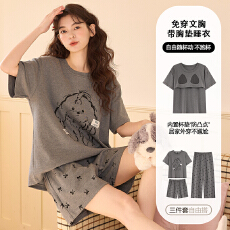 批发夏季卡通可爱风成人女性带胸垫短袖短裤印染三件套圆领套头松紧带