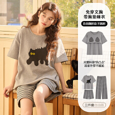 批发带胸垫三件套<b class='q'>家居服</b>女夏短袖短裤长裤圆领<b class='q'>纯棉</b>薄款睡衣透气双裤兜