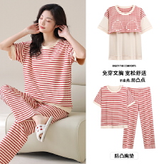 批发<b class='q'>纯棉</b>带胸垫100%棉休闲款睡衣条纹夏季女睡衣短袖长裤可外穿<b class='q'>家居服</b>