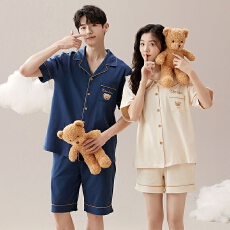 批发<b class='q'>情侣</b><b class='q'>睡衣</b>针织棉夏季开衫短袖短裤卡通休闲夏天2026新款家居服套装