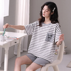 批发睡衣女夏天纯棉<b class='q'>短袖</b>短裤甜美套装女士条纹图新款圆领家居服可外穿