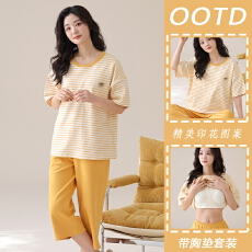 批发<b class='q'>睡衣</b>女夏季带胸垫短袖七分裤<b class='q'>全棉</b>圆领薄款套装条纹夏天休闲家居服