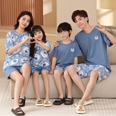 批发亲子睡衣一家三口装<b class='q'>夏</b>季纯棉短袖薄款母女母子四口家居服<b class='q'>套装</b>新款
