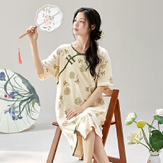批发中国风睡裙夏季可外短袖<b class='q'>连衣裙</b><b class='q'>纯棉</b>中式睡衣女士薄款新款家居服
