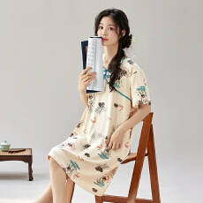 批发古风短袖睡裙夏季<b class='q'>纯棉</b>中式国风<b class='q'>连衣裙</b>女士睡衣中长款中国风家居服