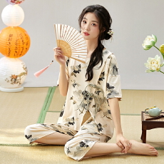 批发睡衣风仿薄款女新款七分裤复古中国风棉2026年夏季套装家居服短袖