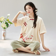 批发纯棉睡衣女夏季休闲古风短袖七分裤两件套夏天薄款外穿家居服套装