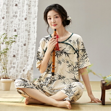 批发中国风睡衣女带胸垫夏季宽松薄款纯棉短袖七分裤套装家居服可外穿