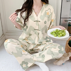 批发夏季短袖长裤套装复古田园风碎花休闲睡衣女多款ins开衫家居服女