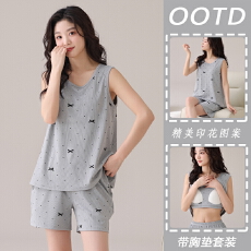 批发家居服带胸垫夏季女生冰丝无袖短裤清凉<b class='q'>宽松</b>少女青年背心睡衣套装
