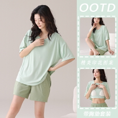 批发睡衣夏季爆款带胸垫少女睡衣短袖外出短裤冰丝螺纹家居服套装外穿