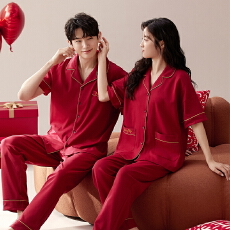 批发新婚红色睡衣<b class='q'>男</b>士夏季结婚薄款喜庆家居服开衫纯棉短袖长裤两件套
