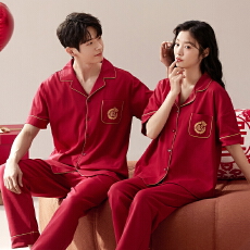 批发开衫睡衣<b class='q'>男</b>夏季纯棉短袖长裤喜庆结婚大红色家居服本命年春秋套装