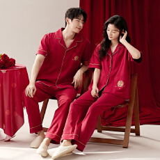 批发开衫<b class='q'>男</b>士睡衣夏季纯棉短袖长裤红色本命年大码休闲喜庆家居服套装