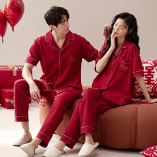 批发红色情侣睡衣女夏季纯棉短袖长裤<b class='q'>男</b>新婚结婚薄款本命年家居服套装