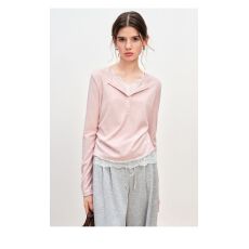 批发法式蕾丝拼接粉色V领长袖女2025<b class='q'>甜美</b>上衣【工厂店】【原版质量】