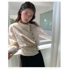 批发【原版质量】法式休闲条纹翻领复古长袖衬衫2025秋季收腰修身上衣