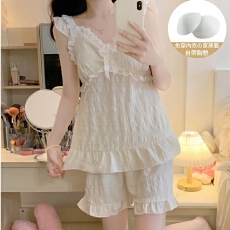 批发新宝（<b class='q'>夏</b>282）新款纯色提花云朵棉带胸垫花边吊带短裤家居服<b class='q'>套装</b>