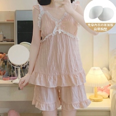 批发新宝<b class='q'>夏</b>282新款纯色提花云朵棉带胸垫花边吊带短裤家居服<b class='q'>套装</b>