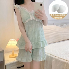 批发新宝<b class='q'>夏</b>282新款纯色提花云朵棉带胸垫花边吊带短裤家居服<b class='q'>套装</b>