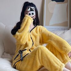 批发新宝冬14开衫法兰绒睡衣<b class='q'>女</b>休闲简约舒适保暖长袖长裤家居服<b class='q'>套装</b>