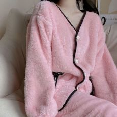 批发新宝冬14开衫法兰绒睡衣<b class='q'>女</b>休闲简约舒适保暖长袖长裤家居服<b class='q'>套装</b>