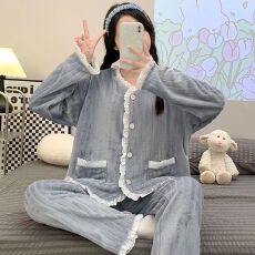 批发新宝冬14开衫法兰绒睡衣<b class='q'>女</b>休闲简约舒适保暖长袖长裤家居服<b class='q'>套装</b>