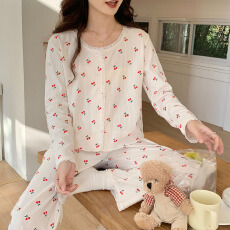 批发新宝 秋56535棉睡衣女春秋季甜美ins开衫长袖<b class='q'>长裤</b>两件套家居服