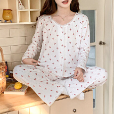 批发新宝 秋56535棉睡衣女春秋季甜美ins开衫长袖<b class='q'>长裤</b>两件套家居服