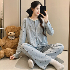 批发新宝 秋137 6535棉睡衣女春秋季甜美ins开衫长袖<b class='q'>长裤</b>两件套家居服