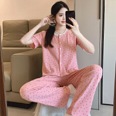 批发新宝春21春季短袖长裤<b class='q'>开衫</b>花边睡衣女休闲简约舒适6535棉家居服